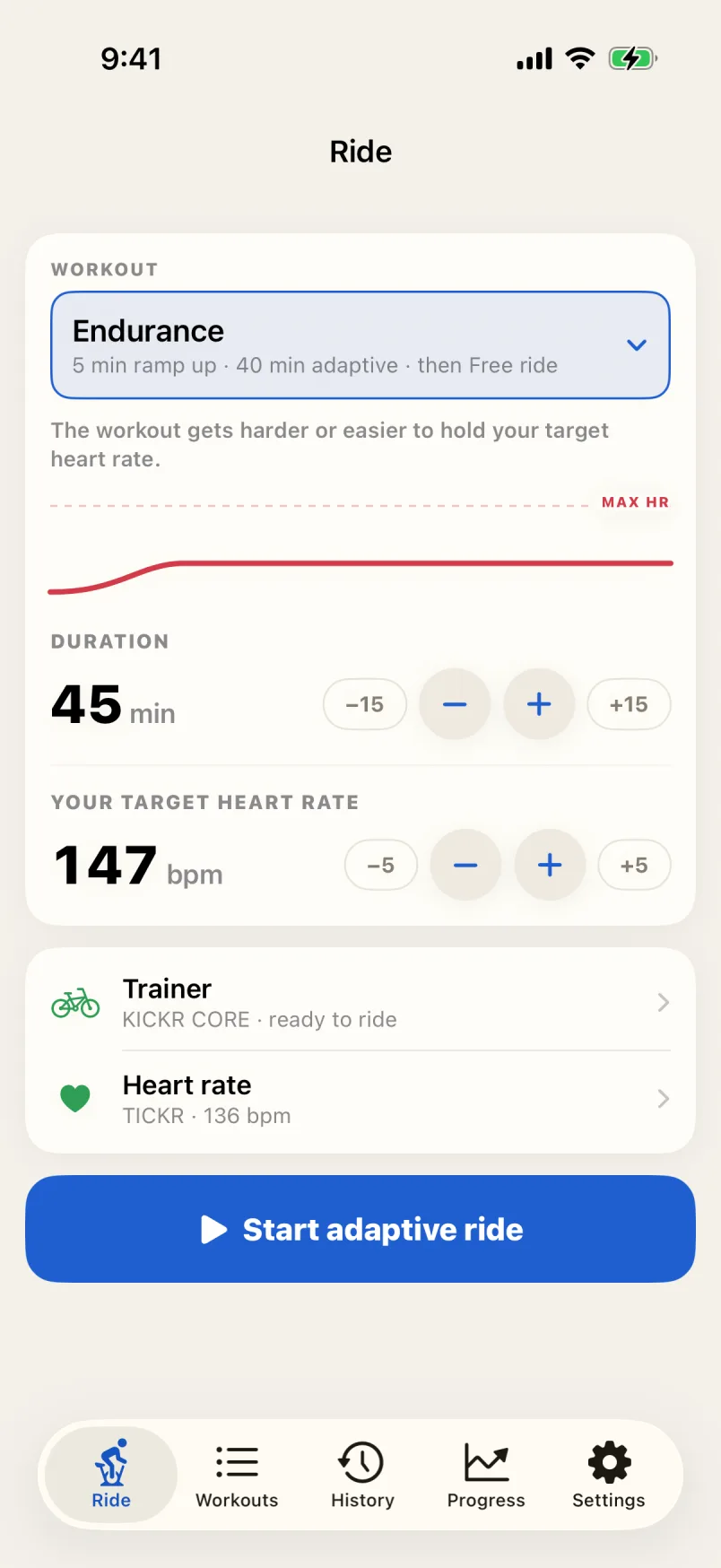Derny ride setup with a KICKR CORE trainer and TICKR heart-rate monitor ready over Bluetooth