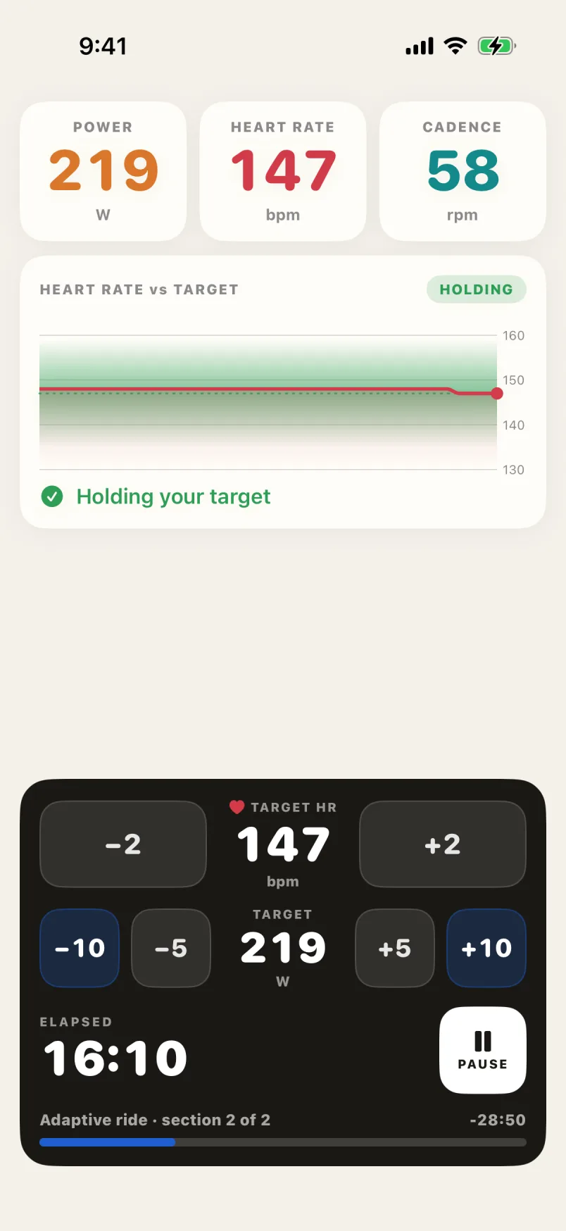 Live adaptive ride showing power, heart rate, cadence, target range, and ride progress