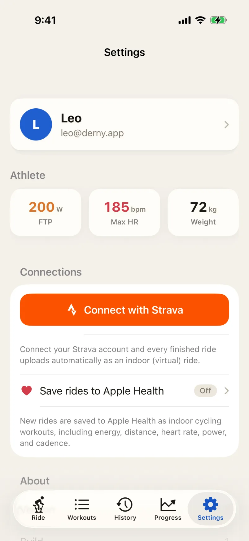 Derny settings with rider profile, FTP, max heart rate, weight, and Strava and Apple Health connections