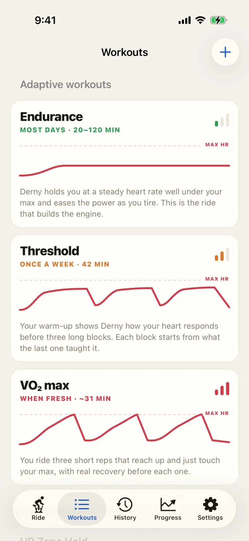 Derny workout library with Endurance, Threshold, and Adaptive MAX Out workouts